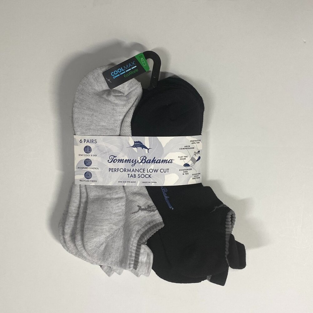 Tommy Bahama Coolmax Performance Low Cut Socks One Size - 6 Pair - Black/Grey